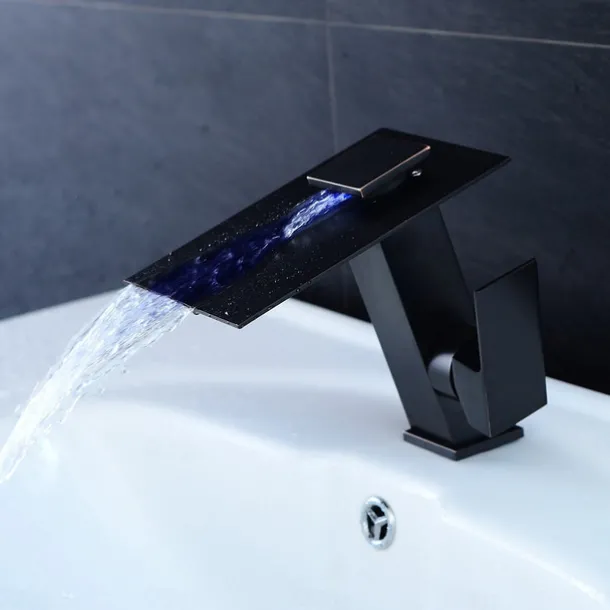 Bathroom Faucet LED Waterfall Spout 3 Color Changes with Temperature, Sink Mixer Mono Basin Taps, Single Handle One Hole Brass Washroom Vessel Tap Deck Mounted