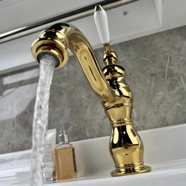Bathroom Faucet Sink Mixer Basin Taps Deck Mounted, Washroom Vessel Water Brass Tap Single Handle One Hole Golden Chrome
