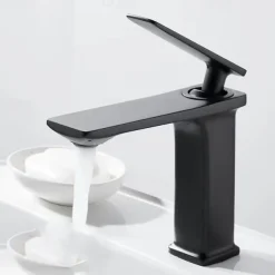 Bathroom Faucet Sink Mixer Basin Taps Deck Mounted, Monobloc Single Handle Cermaic Valve Washroom Taps with Cold and Hot Hose Black Golden White Chrome