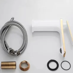 Bathroom Faucet Sink Mixer Basin Taps Deck Mounted, Monobloc Single Handle Cermaic Valve Washroom Taps with Cold and Hot Hose Black Golden White Chrome