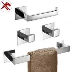 Bathroom Hardware Accessory Set,Self-Adhesive Wall Mounted Robe Hook,Chrome Stainless Steel Towel Bar, Towel Holder, Toilet Paper Holder