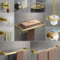 Bathroom Hardware Accessories Stainless Steel Wall Mounted Brushed Nickel Towel Bar Hand Towel Holder Toilet Paper Holder Robe Towel Hook Coat Hook Towel Bar (Gold)
