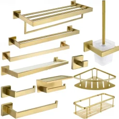 Bathroom Hardware Accessories Stainless Steel Wall Mounted Brushed Nickel Towel Bar Hand Towel Holder Toilet Paper Holder Robe Towel Hook Coat Hook Towel Bar (Gold)
