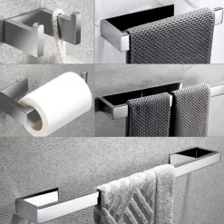 Bathroom Hardware Accessory Set Self-adhesive 304 Stainless Steel Include Robe Hook, Towel Bar, Towel Holder and Toilet Paper Holder Silver 1or3or4 pcs