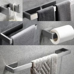 Bathroom Hardware Accessory Set Include Robe Hook, Towel Bar, Towel Holder, Toilet Paper Holder, Self-adhesive Brushed Stainless Steel Silvery
