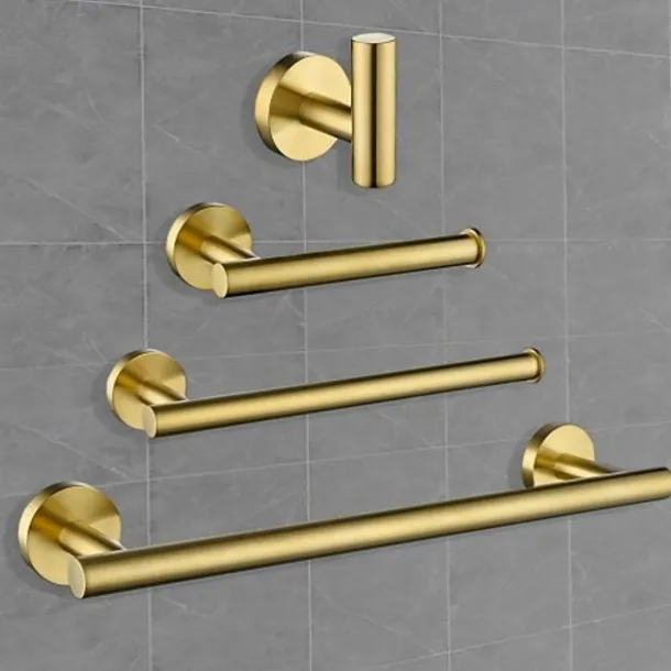 Bathroom Hardware Set Bath Accessory Kit 4 Piece Brushed Gold Metallic Bathroom Accessories Wall Mount 18 Inch Towel Bar Toilet Paper Holder Robe Clothes Hook Stainless Steel