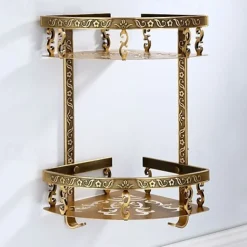 Bathroom Shelf Multilayer Carved Antique Aluminum Wall Mounted Bath Corner Basket with Hooks 1pc