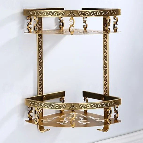 Bathroom Shelf Multilayer Carved Antique Aluminum Wall Mounted Bath Corner Basket with Hooks 1pc