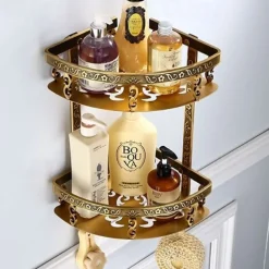 Bathroom Shelf Multilayer Carved Antique Aluminum Wall Mounted Bath Corner Basket with Hooks 1pc
