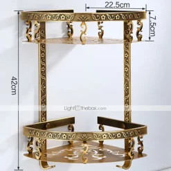 Bathroom Shelf Multilayer Carved Antique Aluminum Wall Mounted Bath Corner Basket with Hooks 1pc