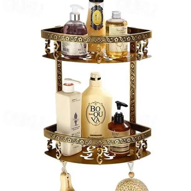 Bathroom Shelf Multilayer Carved Antique Aluminum Wall Mounted Bath Corner Basket with Hooks 1pc
