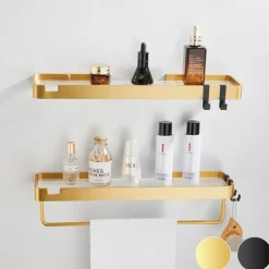 Bathroom Shelves Wall Mounted Golden Storage Organizer Rack Bathroom Kitchen Bathroom Hardware Pendant Bathroom Shelf Space Aluminum Acrylic Shower Rack Corner Shelf Square Bath Shower Shelf(Golden,Black)