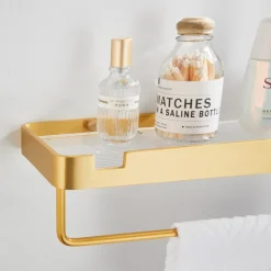 Bathroom Shelves Wall Mounted Golden Storage Organizer Rack Bathroom Kitchen Bathroom Hardware Pendant Bathroom Shelf Space Aluminum Acrylic Shower Rack Corner Shelf Square Bath Shower Shelf(Golden,Black)