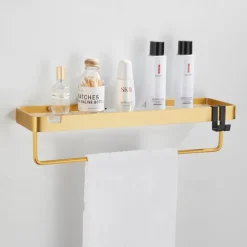 Bathroom Shelves Wall Mounted Golden Storage Organizer Rack Bathroom Kitchen Bathroom Hardware Pendant Bathroom Shelf Space Aluminum Acrylic Shower Rack Corner Shelf Square Bath Shower Shelf(Golden,Black)