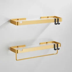 Bathroom Shelves Wall Mounted Golden Storage Organizer Rack Bathroom Kitchen Bathroom Hardware Pendant Bathroom Shelf Space Aluminum Acrylic Shower Rack Corner Shelf Square Bath Shower Shelf(Golden,Black)
