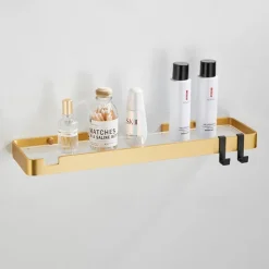 Bathroom Shelves Wall Mounted Golden Storage Organizer Rack Bathroom Kitchen Bathroom Hardware Pendant Bathroom Shelf Space Aluminum Acrylic Shower Rack Corner Shelf Square Bath Shower Shelf(Golden,Black)