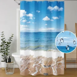 Bathroom Shower Curtain Set 180cm*180cm(70"*70")Waterproof with Hooks Beach Sea View Print Waterproof Fabric Shower Curtain Liner for Bathroom Covered Bathtub Curtains Liner