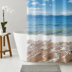 Bathroom Shower Curtain Set 180cm*180cm(70"*70")Waterproof with Hooks Beach Sea View Print Waterproof Fabric Shower Curtain Liner for Bathroom Covered Bathtub Curtains Liner