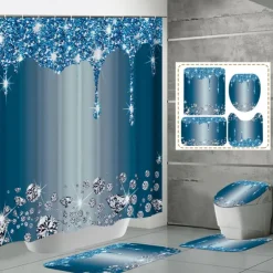 Bathroom Shower Curtain with 12 Hooks 180cm*180cm(70"*70")Polyester Washable Waterproof Sparkling Diamond-Pattern Non Slip Rugs, Toilet Cover Mat