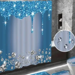 Bathroom Shower Curtain with 12 Hooks 180cm*180cm(70"*70")Polyester Washable Waterproof Sparkling Diamond-Pattern Non Slip Rugs, Toilet Cover Mat