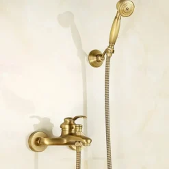 Bathroom Shower Faucet Set, High Flow Vintage Style Wall Mounted Outside Antique Dual-Head Pull Out Shower Head with Handheld, Hot and Cold Water Switch Included