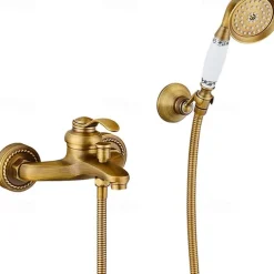 Bathroom Shower Faucet Set, High Flow Vintage Style Wall Mounted Outside Antique Dual-Head Pull Out Shower Head with Handheld, Hot and Cold Water Switch Included