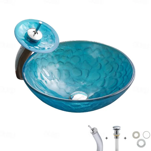 Bathroom Sink / Bathroom Faucet / Bathroom Mounting Ring Vanity Wash Basin - Tempered Glass Round Vessel Sink