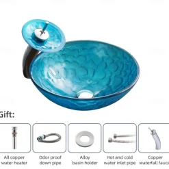 Bathroom Sink / Bathroom Faucet / Bathroom Mounting Ring Vanity Wash Basin - Tempered Glass Round Vessel Sink