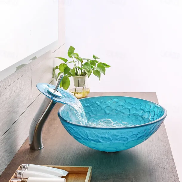 Bathroom Sink / Bathroom Faucet / Bathroom Mounting Ring Vanity Wash Basin - Tempered Glass Round Vessel Sink