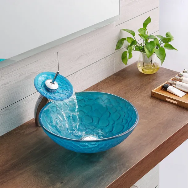 Bathroom Sink / Bathroom Faucet / Bathroom Mounting Ring Vanity Wash Basin - Tempered Glass Round Vessel Sink