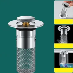 Bathroom Sink Drain Strainer, Pop Up Sink Drain Filter with Removable Stainless Steel Filter Basket Hair Catcher, Bathroom Sink Drain Stopper, for Us Bathroom Sink Stopper Replacement