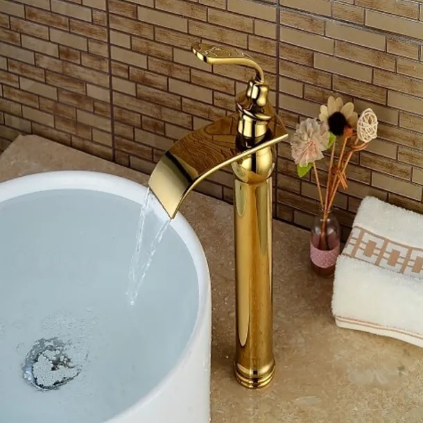 Bathroom Sink Faucet - Waterfall Ti-PVD Centerset Single Handle One HoleBath Taps / Brass
