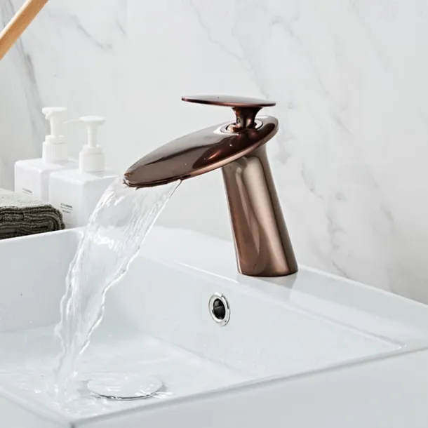 Bathroom Sink Faucet, Brass Waterfall Single Handle One Hole Modern Style Bath Taps with Hot and Cold Water