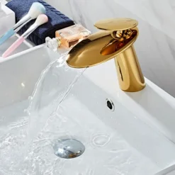 Bathroom Sink Faucet, Brass Waterfall Single Handle One Hole Modern Style Bath Taps with Hot and Cold Water