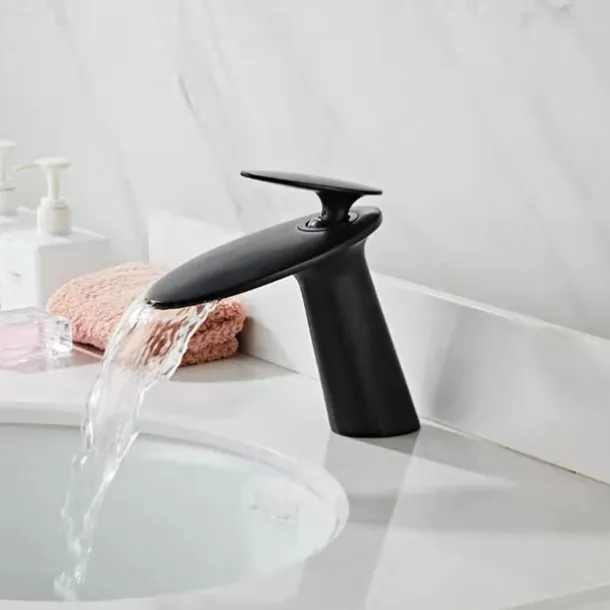 Bathroom Sink Faucet, Brass Waterfall Single Handle One Hole Modern Style Bath Taps with Hot and Cold Water