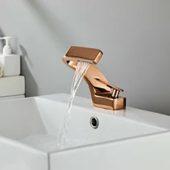 Bathroom Sink Faucet, 7-shaped Bend Waterfall Mixer Basin Taps Single Handle One Hole Vessel Taps with Hot and Cold Water Hose