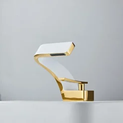 Bathroom Sink Faucet, 7-shaped Bend Waterfall Mixer Basin Taps Single Handle One Hole Vessel Taps with Hot and Cold Water Hose