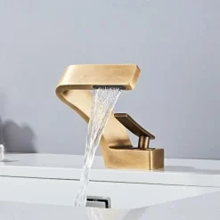 Bathroom Sink Faucet, 7-shaped Bend Waterfall Mixer Basin Taps Single Handle One Hole Vessel Taps with Hot and Cold Water Hose