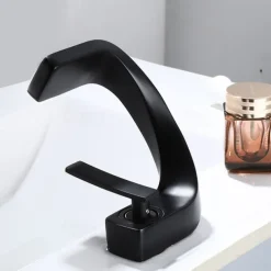 Bathroom Sink Faucet, 7-shaped Bend Waterfall Mixer Basin Taps Single Handle One Hole Vessel Taps with Hot and Cold Water Hose