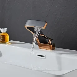 Bathroom Sink Faucet Single Handle One Hole Waterfall Mixer Basin Taps Brass, 7-shaped Bend Vessel Tap Chrome Brushed Nickel Black Gold