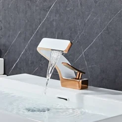 Bathroom Sink Faucet Single Handle One Hole Waterfall Mixer Basin Taps Brass, 7-shaped Bend Vessel Tap Chrome Brushed Nickel Black Gold