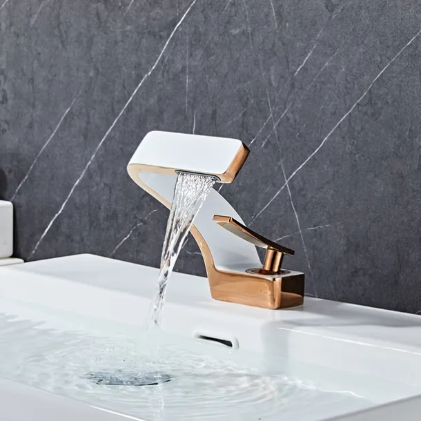 Bathroom Sink Faucet Single Handle One Hole Waterfall Mixer Basin Taps Brass, 7-shaped Bend Vessel Tap Chrome Brushed Nickel Black Gold