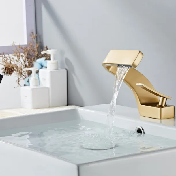 Bathroom Sink Faucet Single Handle One Hole Waterfall Mixer Basin Taps Brass, 7-shaped Bend Vessel Tap Chrome Brushed Nickel Black Gold