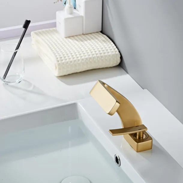 Bathroom Sink Faucet Single Handle One Hole Waterfall Mixer Basin Taps Brass, 7-shaped Bend Vessel Tap Chrome Brushed Nickel Black Gold