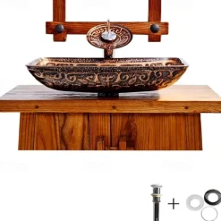 Bathroom Sink Faucet Suit Contain with Zinc Alloy Bathroom Mounting Ring Antique Tempered Glass Rectangular Vessel Sink and Brass Water Drain
