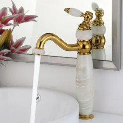 Bathroom Sink Faucet Ultra Faucets Euro Collection Gold with Stone Single Handle - One Hole Tall Body Deck Mount Lavatory Vessel Sink Faucet With Curved Spout