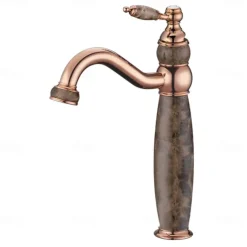 Bathroom Sink Faucet Ultra Faucets Euro Collection Gold with Stone Single Handle - One Hole Tall Body Deck Mount Lavatory Vessel Sink Faucet With Curved Spout