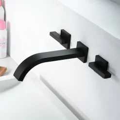 Bathroom Sink Faucet ,Wall Mount Brass Waterfall Widespread Black Two Handles Two Holes Bath Taps