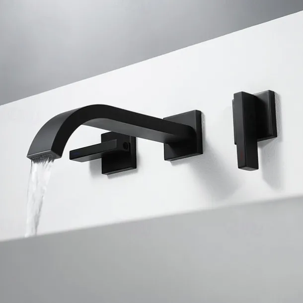 Bathroom Sink Faucet ,Wall Mount Brass Waterfall Widespread Black Two Handles Two Holes Bath Taps