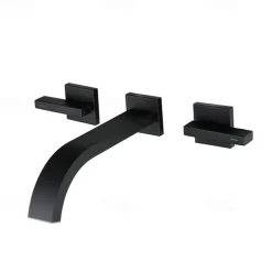 Bathroom Sink Faucet ,Wall Mount Brass Waterfall Widespread Black Two Handles Two Holes Bath Taps